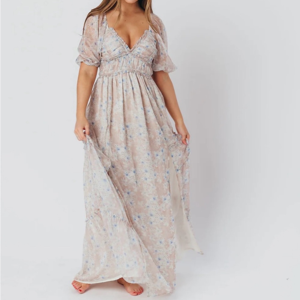 Worth Collective Daphne Maxi Dress in Beige Blue Floral
